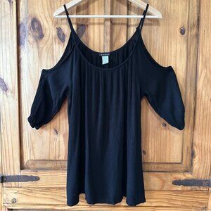Sirens Black Cold Shoulder Women's Top Tunic Mini Dress Crinkle Fabric - Medium